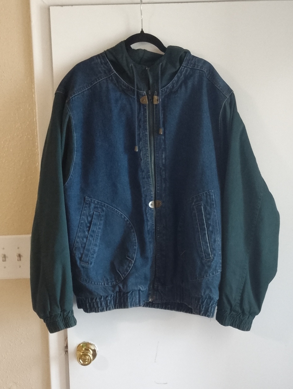 Men's Denim & Green Hooded Jacket - Classic Casual Outerwear